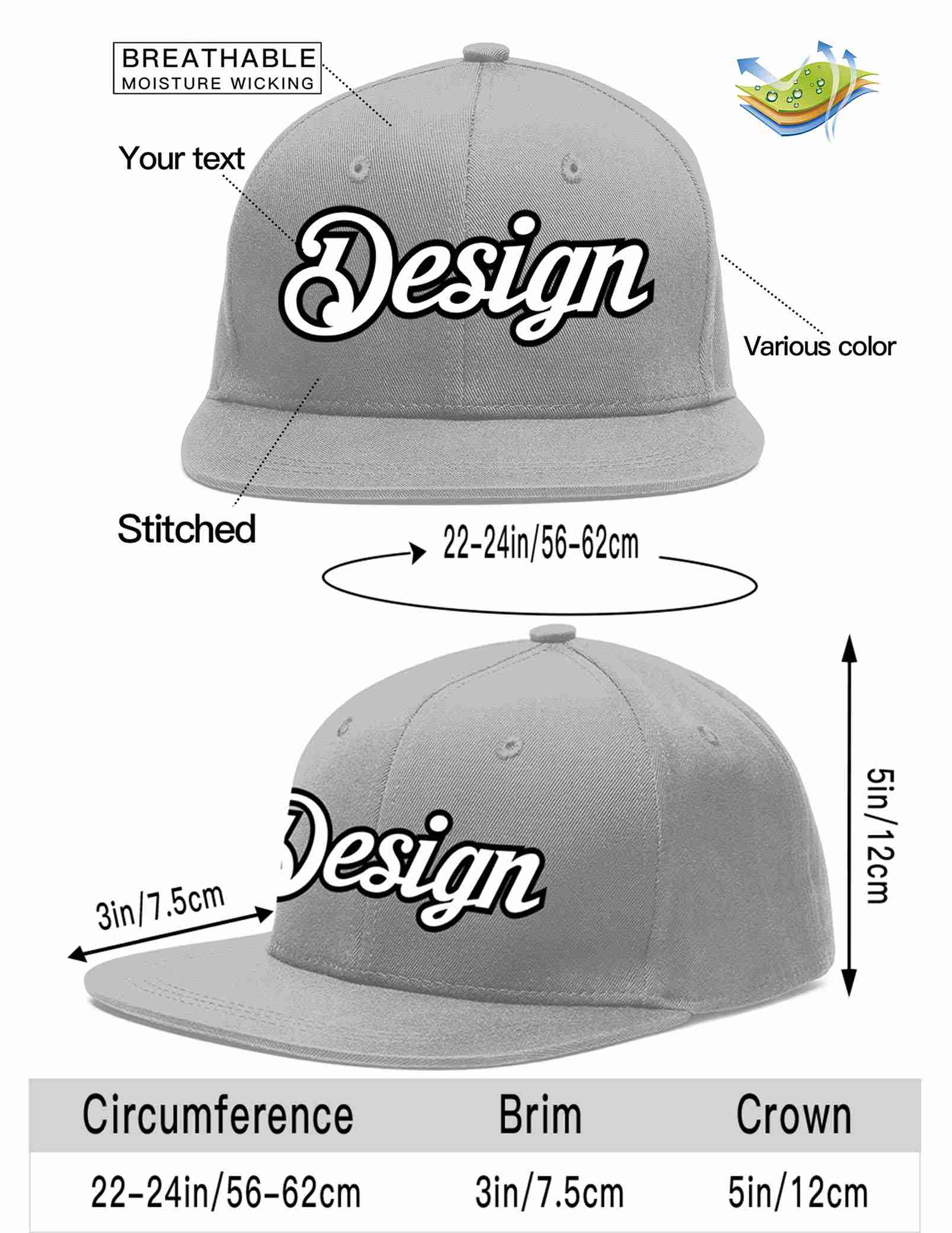 Custom Gray White-Black Flat Eaves Sport Baseball Cap Design for Men/Women/Youth