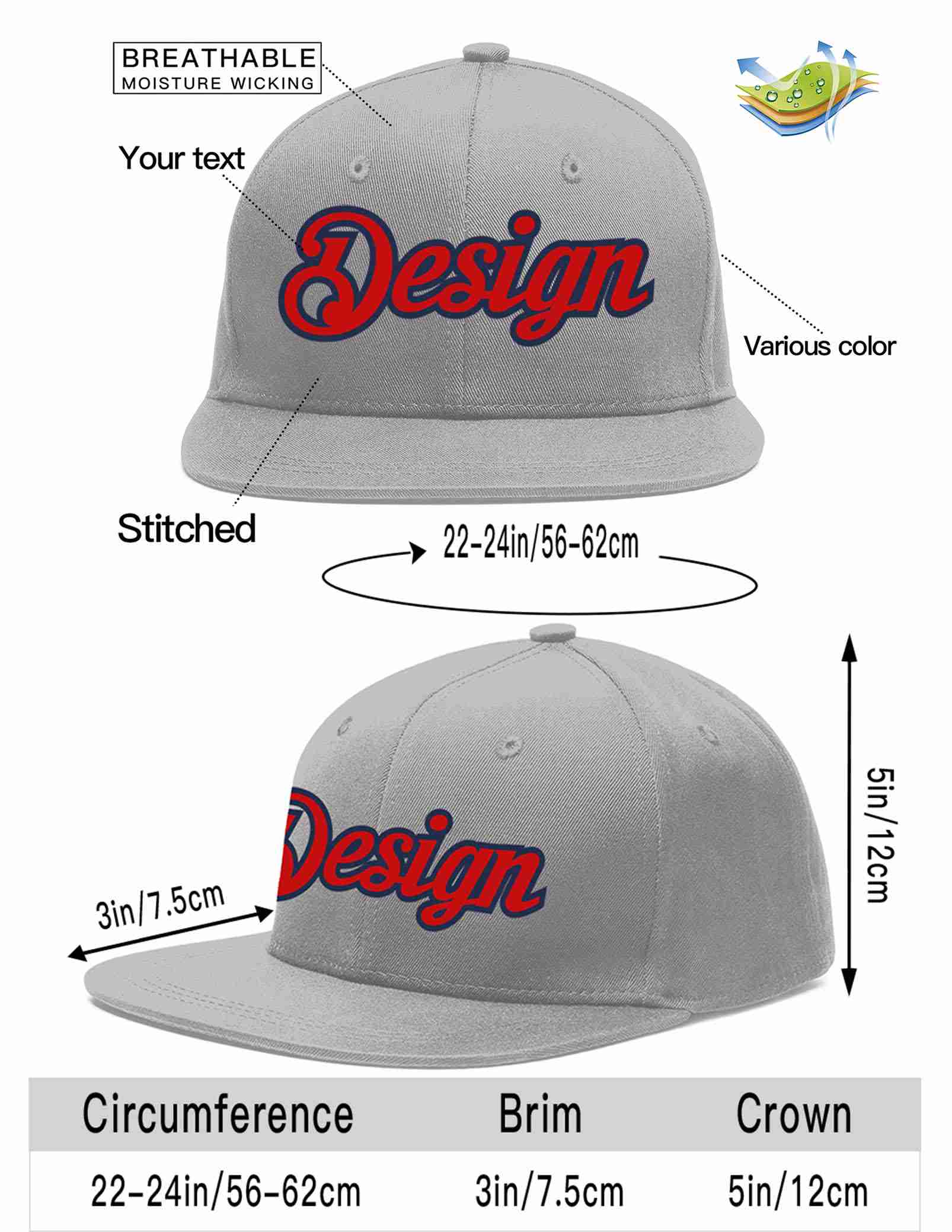 Custom Gray Red-Navy Flat Eaves Sport Baseball Cap Design for Men/Women/Youth