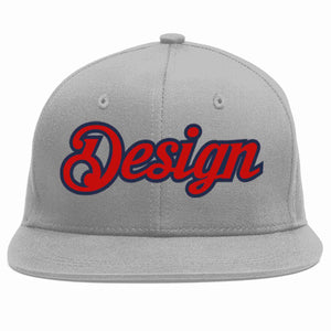 Custom Gray Red-Navy Flat Eaves Sport Baseball Cap Design for Men/Women/Youth