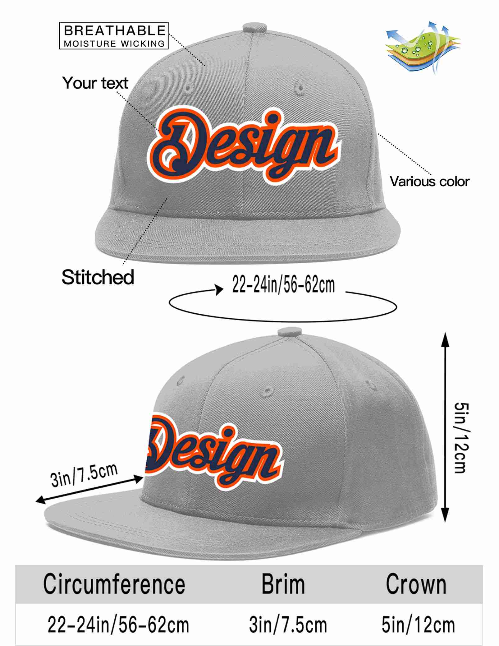 Custom Gray Navy-Orange Flat Eaves Sport Baseball Cap Design for Men/Women/Youth