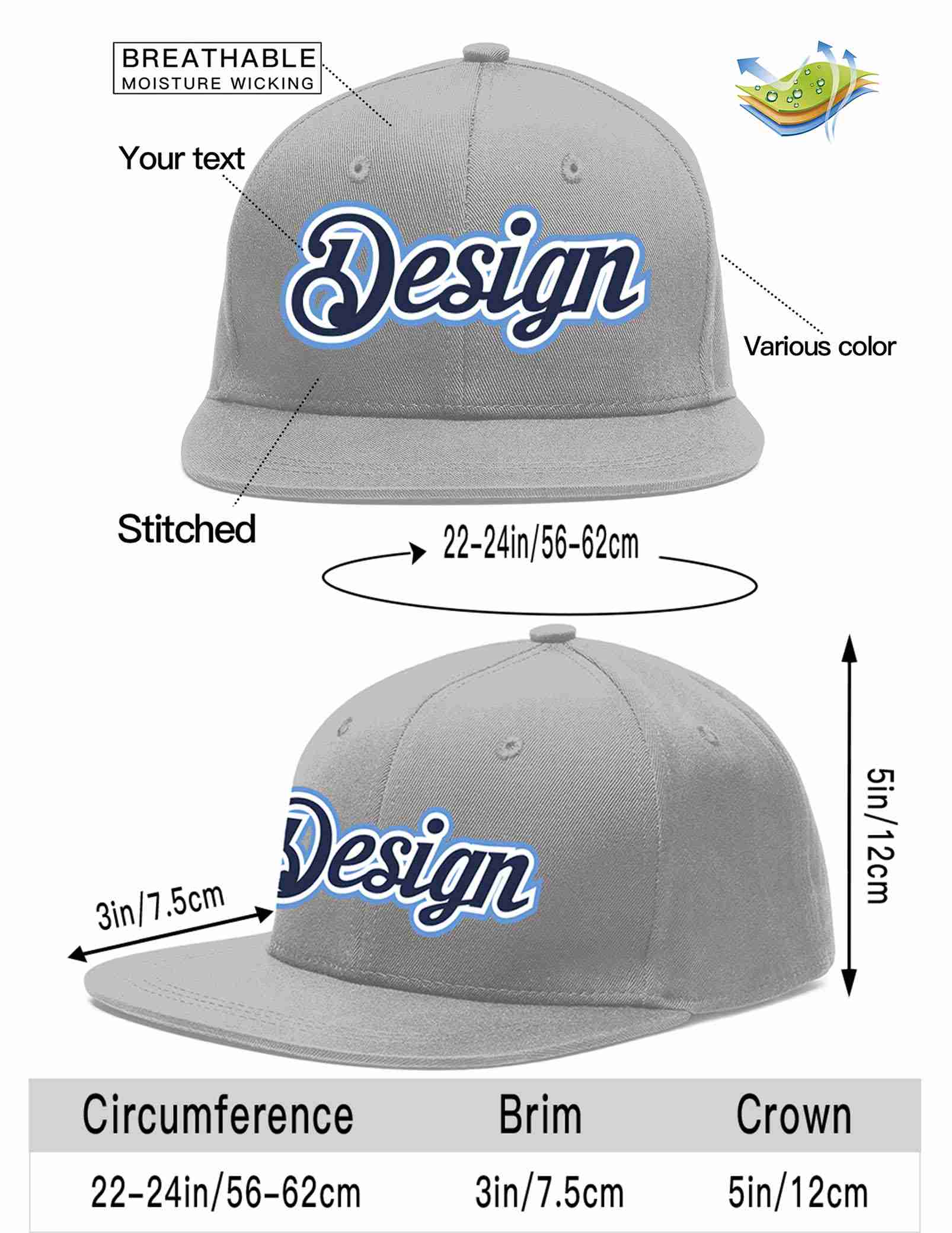 Custom Gray Navy-White Flat Eaves Sport Baseball Cap Design for Men/Women/Youth