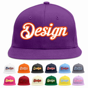 Custom Purple White-Orange Flat Eaves Sport Baseball Cap Design for Men/Women/Youth