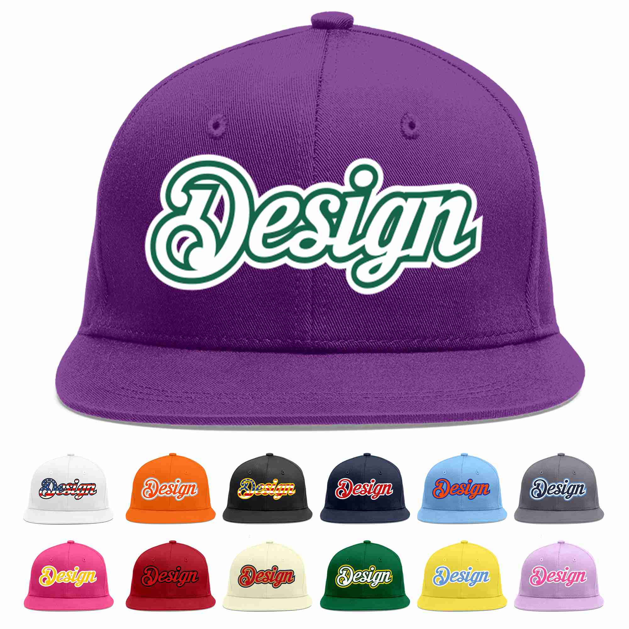 Conception personnalisée de casquette de baseball de sport à avant-toit plat violet blanc-vert Kelly pour hommes/femmes/jeunes