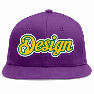 Custom Purple Gold-Kelly Green Flat Eaves Sport Baseball Cap Design for Men/Women/Youth