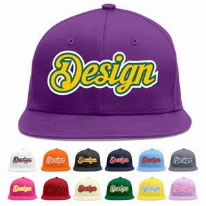 Custom Purple Gold-Kelly Green Flat Eaves Sport Baseball Cap Design for Men/Women/Youth