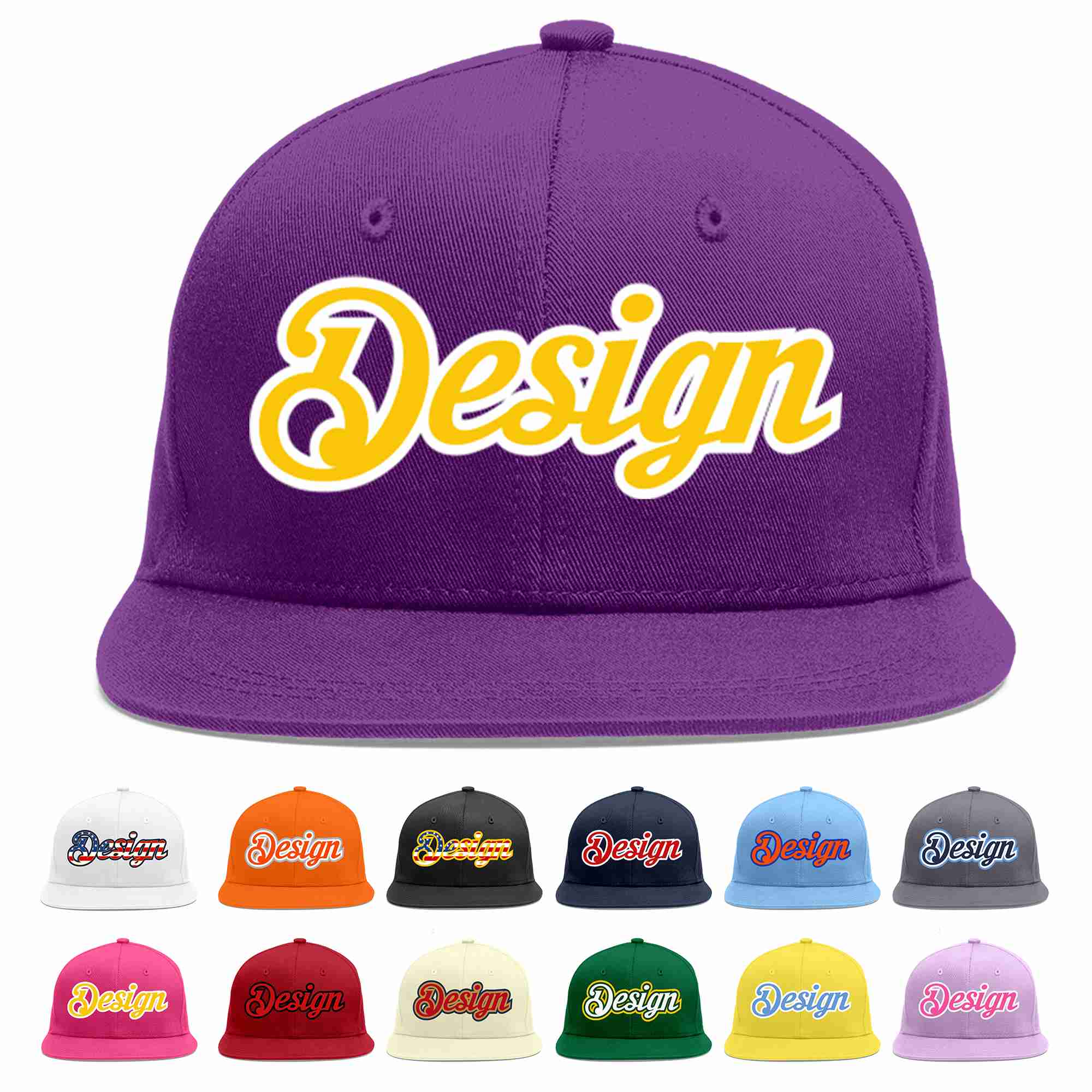 Conception personnalisée de casquette de baseball de sport à avant-toit plat violet or-blanc pour hommes/femmes/jeunes