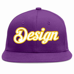 Custom Purple White-Gold Flat Eaves Sport Baseball Cap Design for Men/Women/Youth