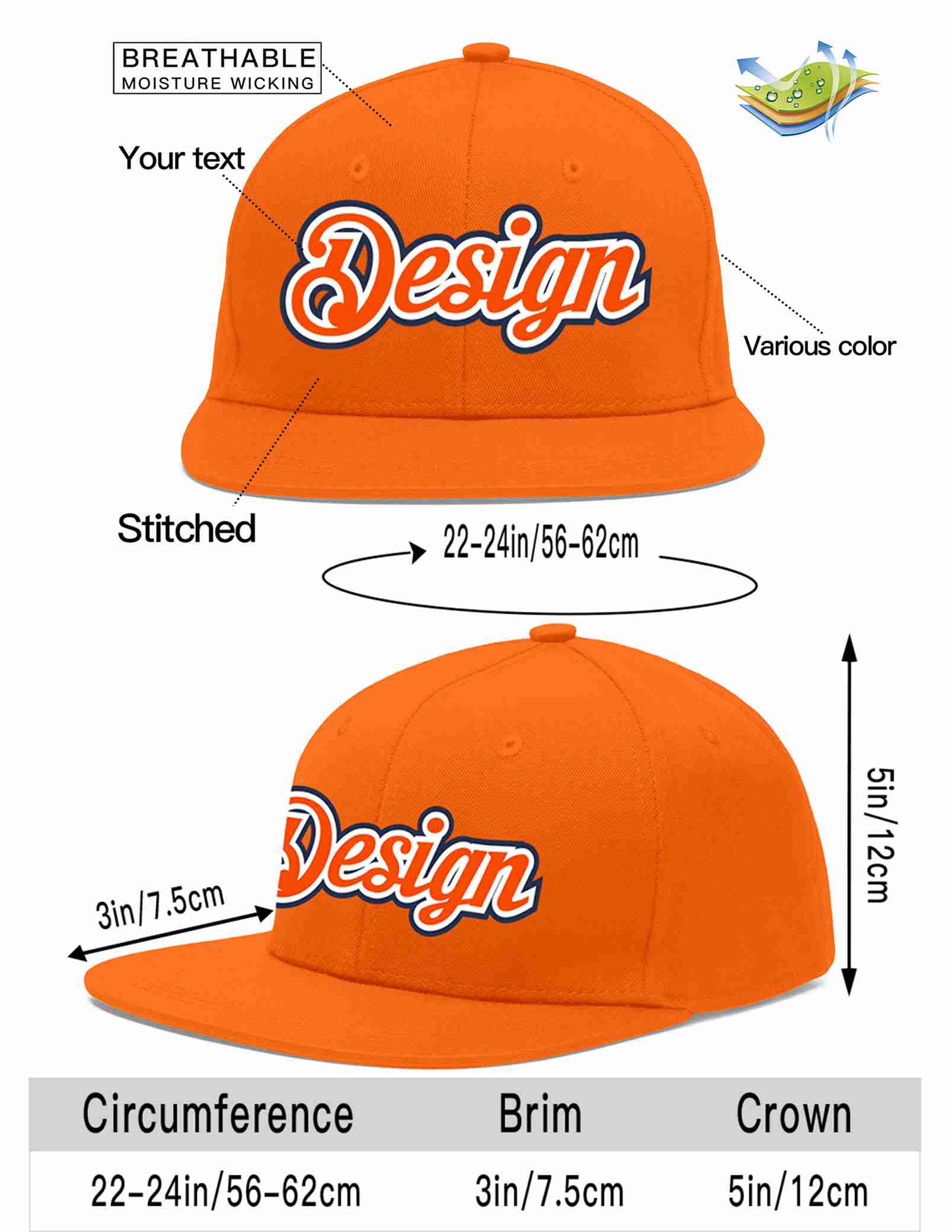 Conception personnalisée de casquette de baseball de sport à avant-toit plat orange orange-blanc pour hommes/femmes/jeunes