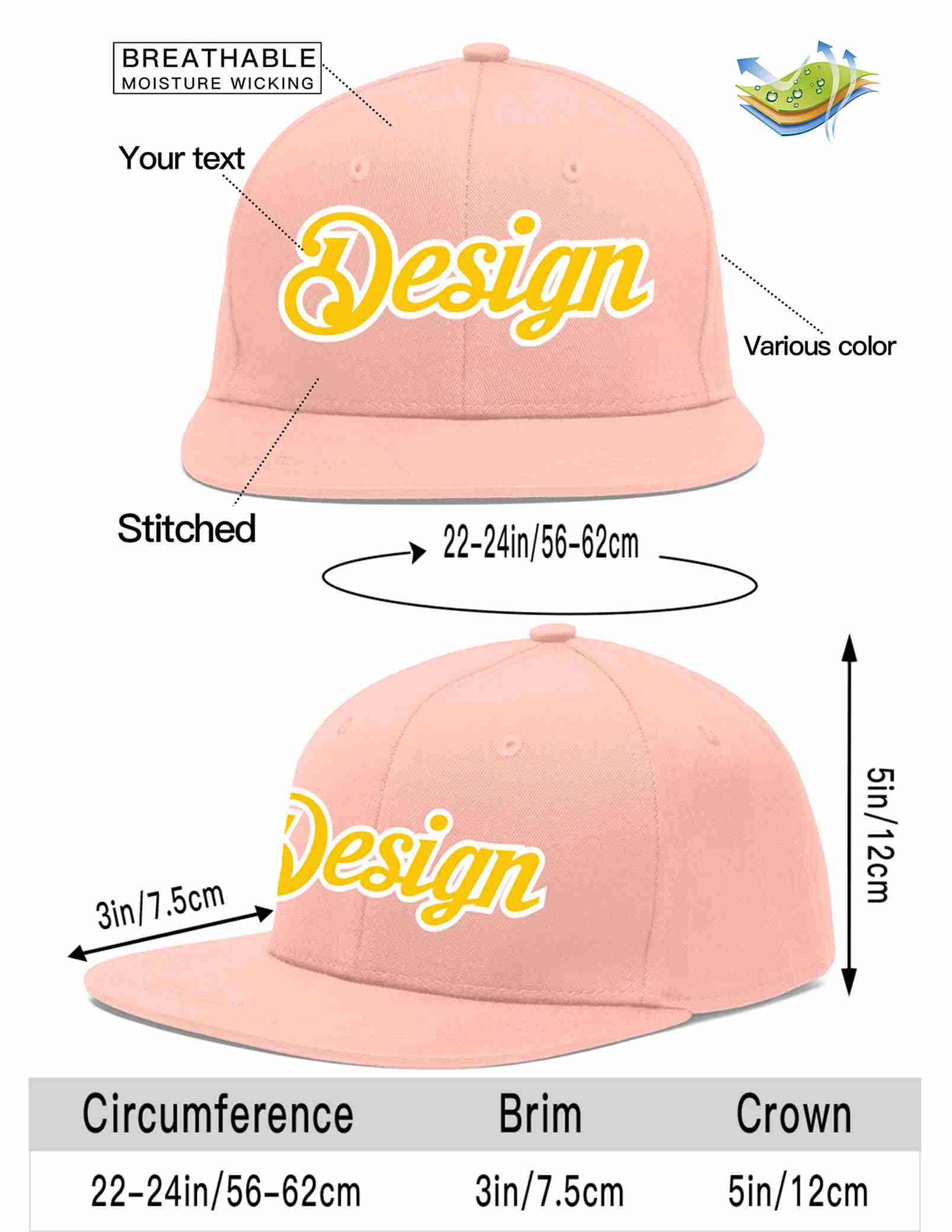 Custom Pink Gold-White Flat Eaves Sport Baseball Cap Design for Men/Women/Youth