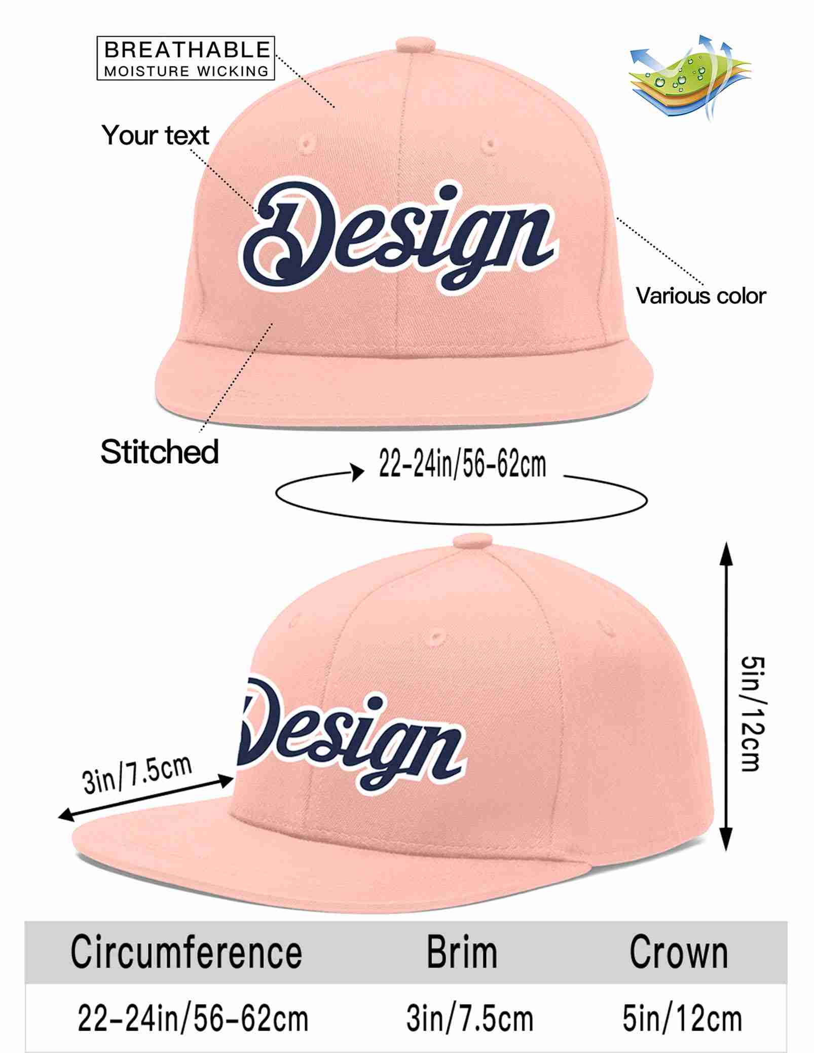 Custom Pink Navy-White Flat Eaves Sport Baseball Cap Design for Men/Women/Youth