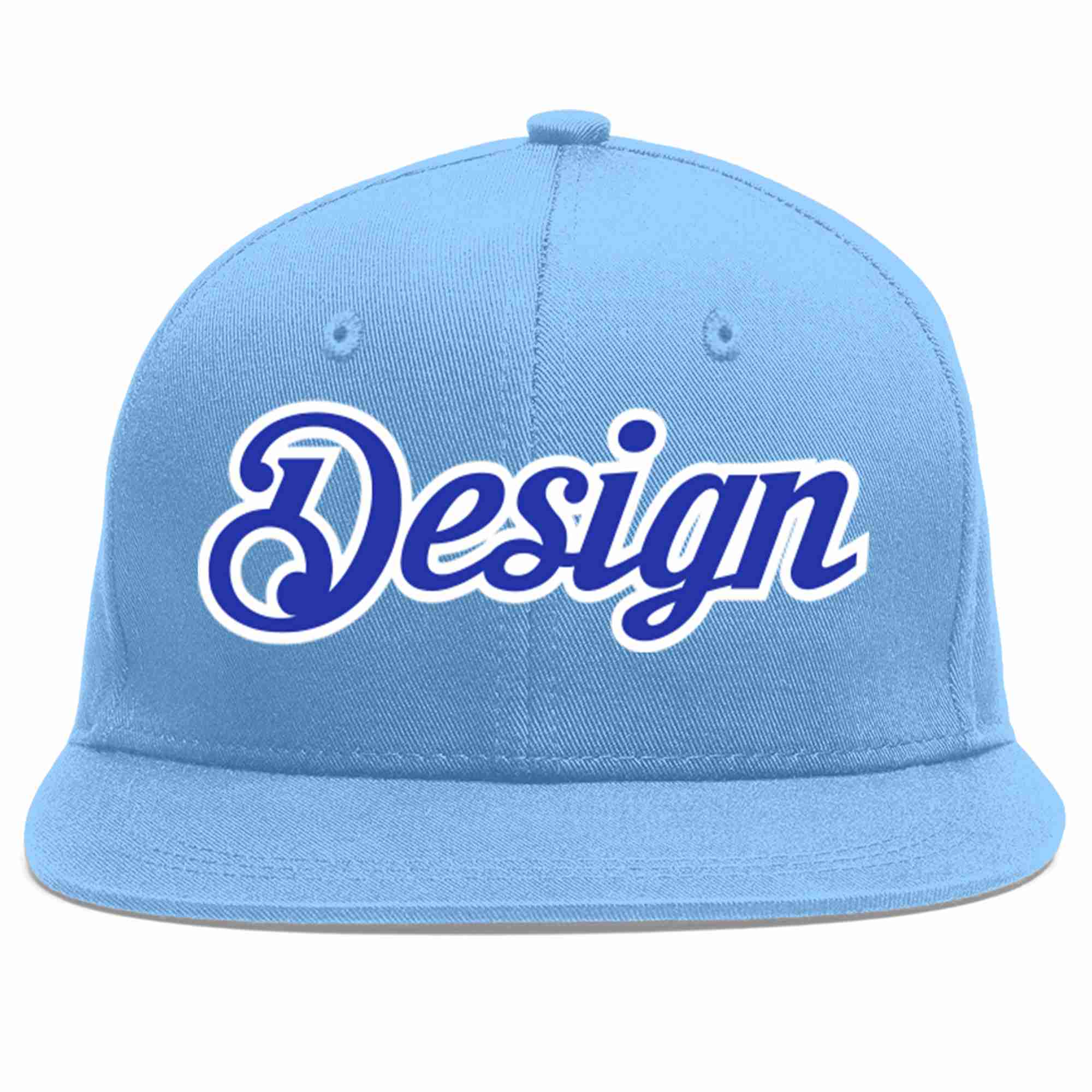 Custom Light Blue Royal-White Flat Eaves Sport Baseball Cap Design for Men/Women/Youth