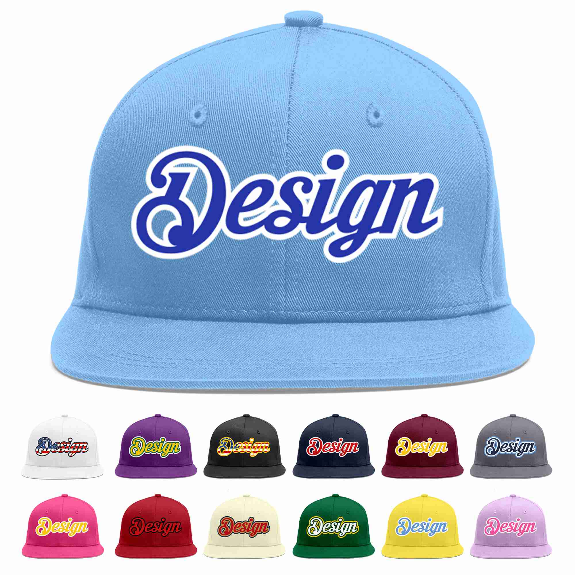 Custom Light Blue Royal-White Flat Eaves Sport Baseball Cap Design for Men/Women/Youth