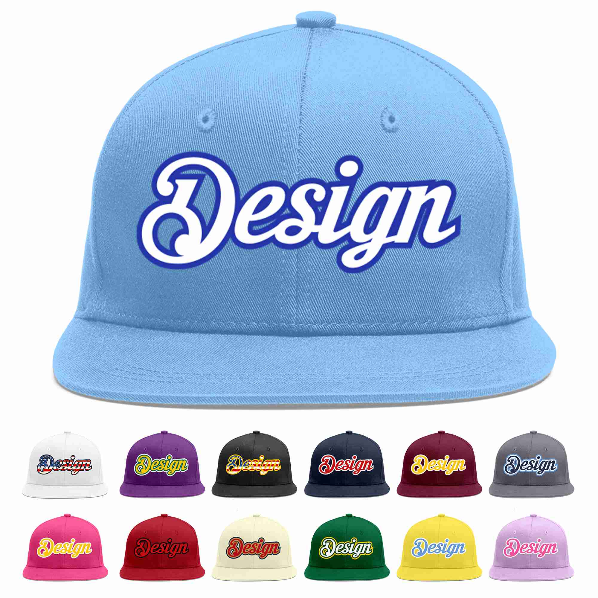 Custom Light Blue White-Royal Flat Eaves Sport Baseball Cap Design for Men/Women/Youth