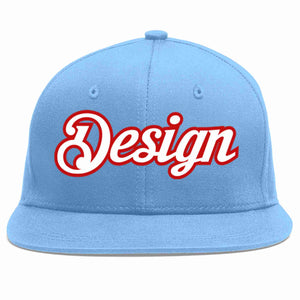 Conception personnalisée de casquette de baseball de sport à avant-toit plat bleu clair blanc-rouge pour hommes/femmes/jeunes