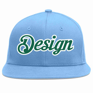 Custom Light Blue Kelly Green-White Flat Eaves Sport Baseball Cap Design for Men/Women/Youth