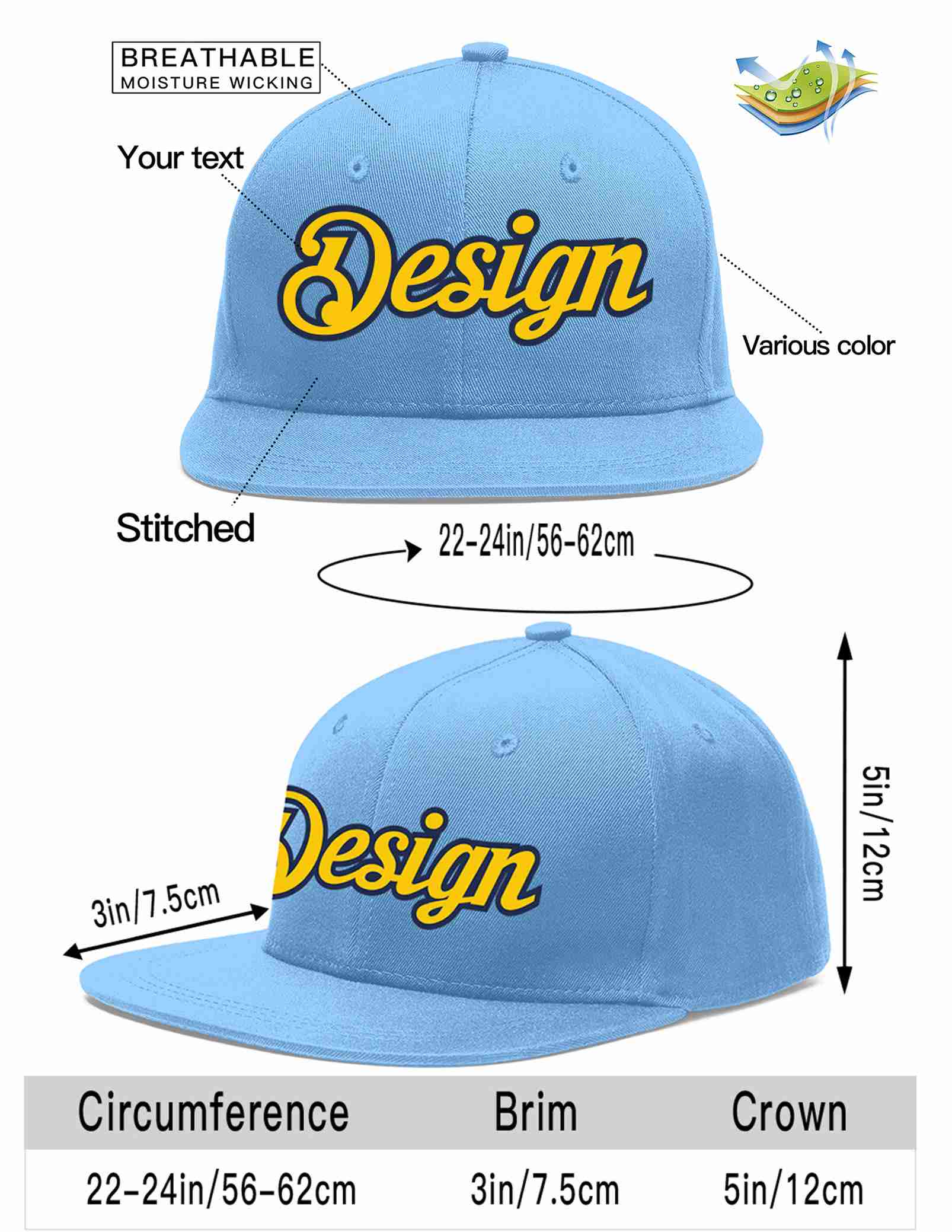 Custom Light Blue Gold-Navy Flat Eaves Sport Baseball Cap Design for Men/Women/Youth