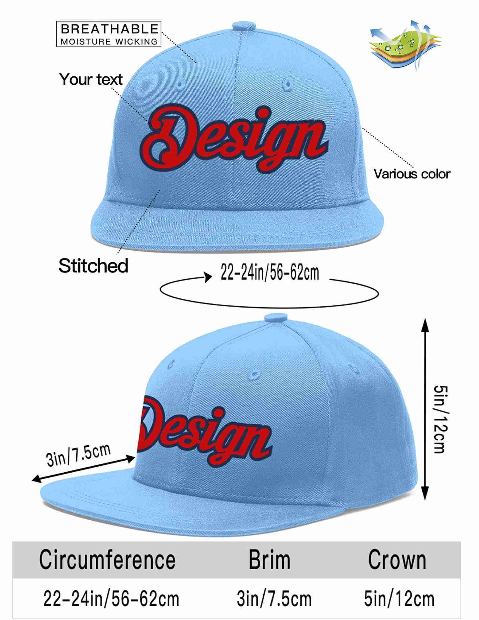 Custom Light Blue Red-Navy Flat Eaves Sport Baseball Cap Design for Men/Women/Youth