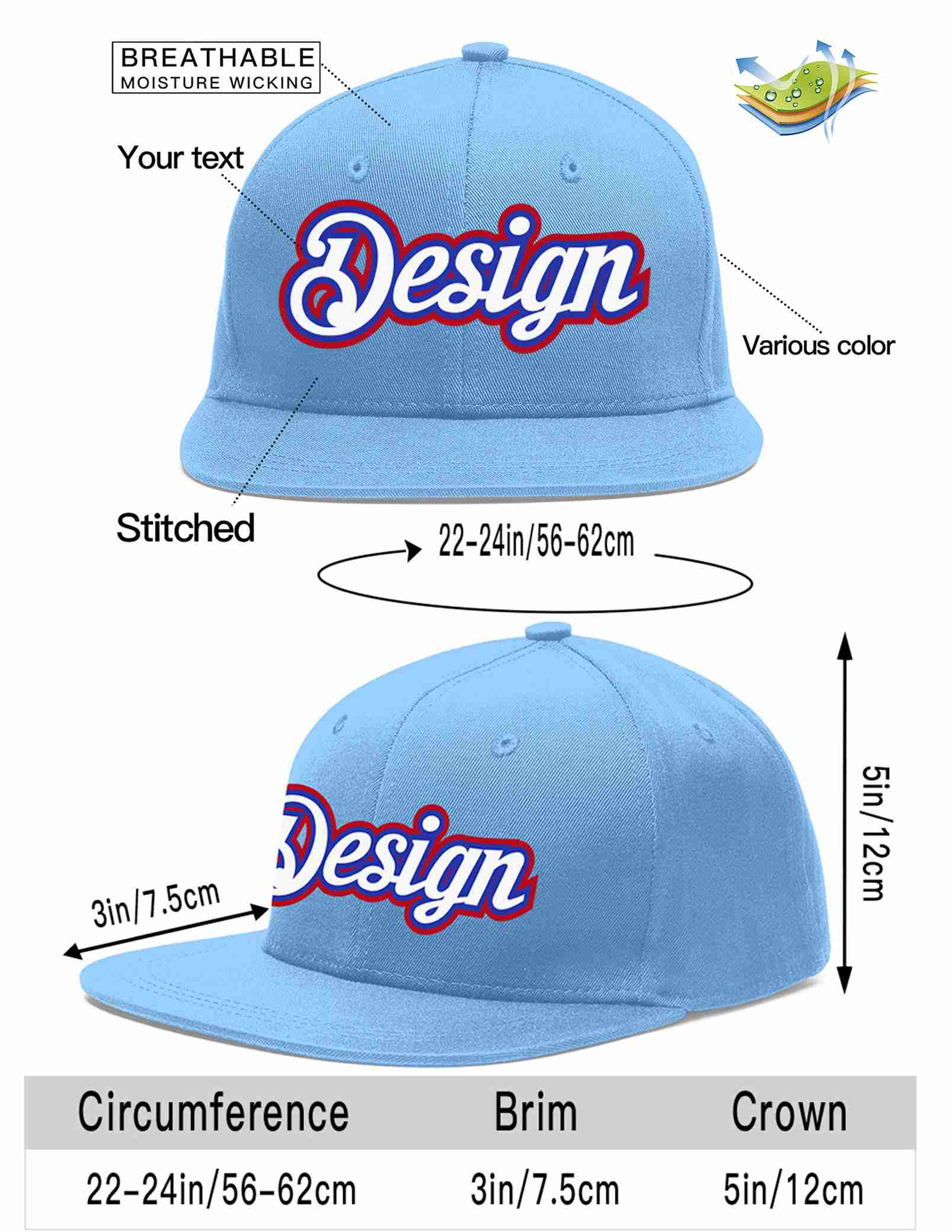 Custom Light Blue White-Royal Flat Eaves Sport Baseball Cap Design for Men/Women/Youth