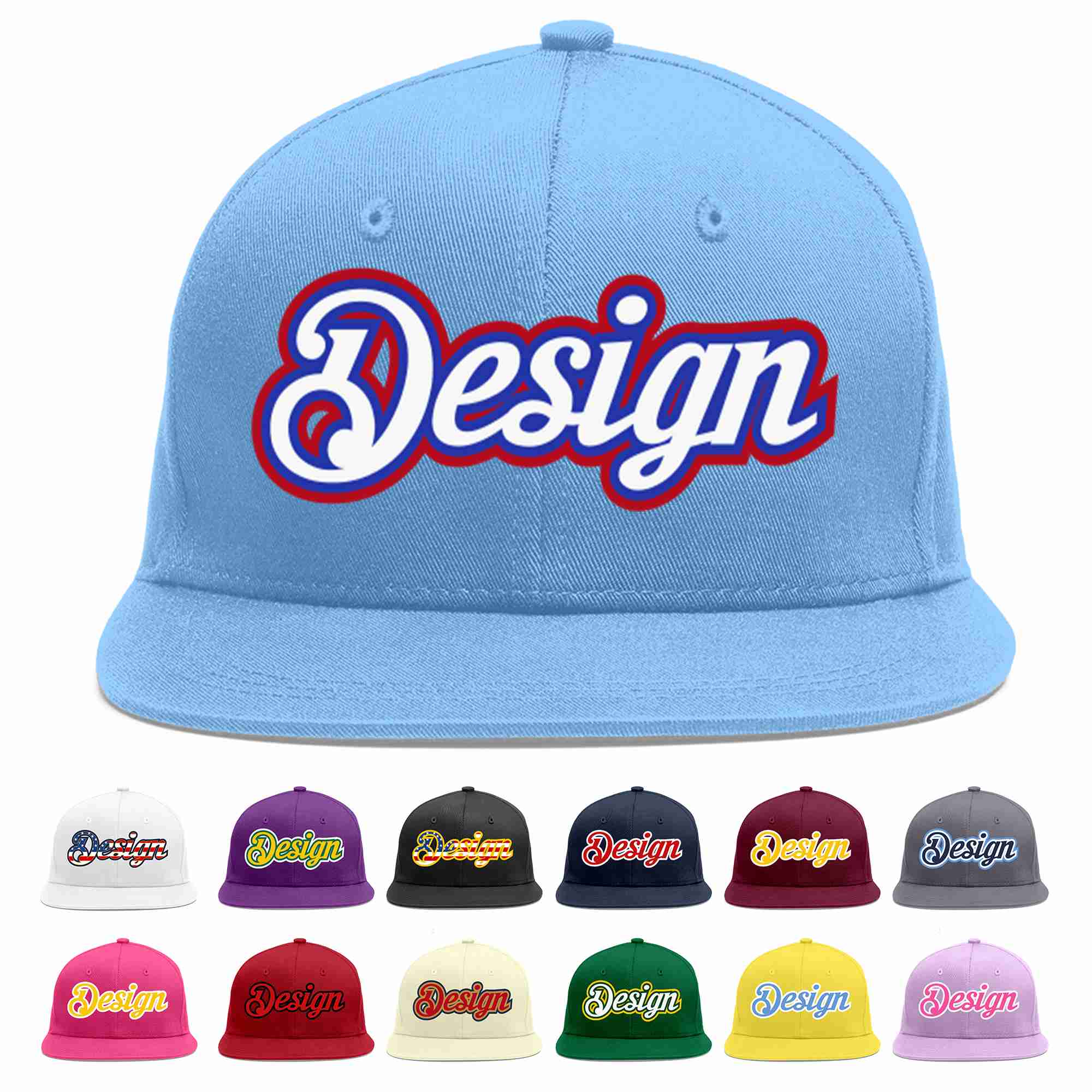 Custom Light Blue White-Royal Flat Eaves Sport Baseball Cap Design for Men/Women/Youth