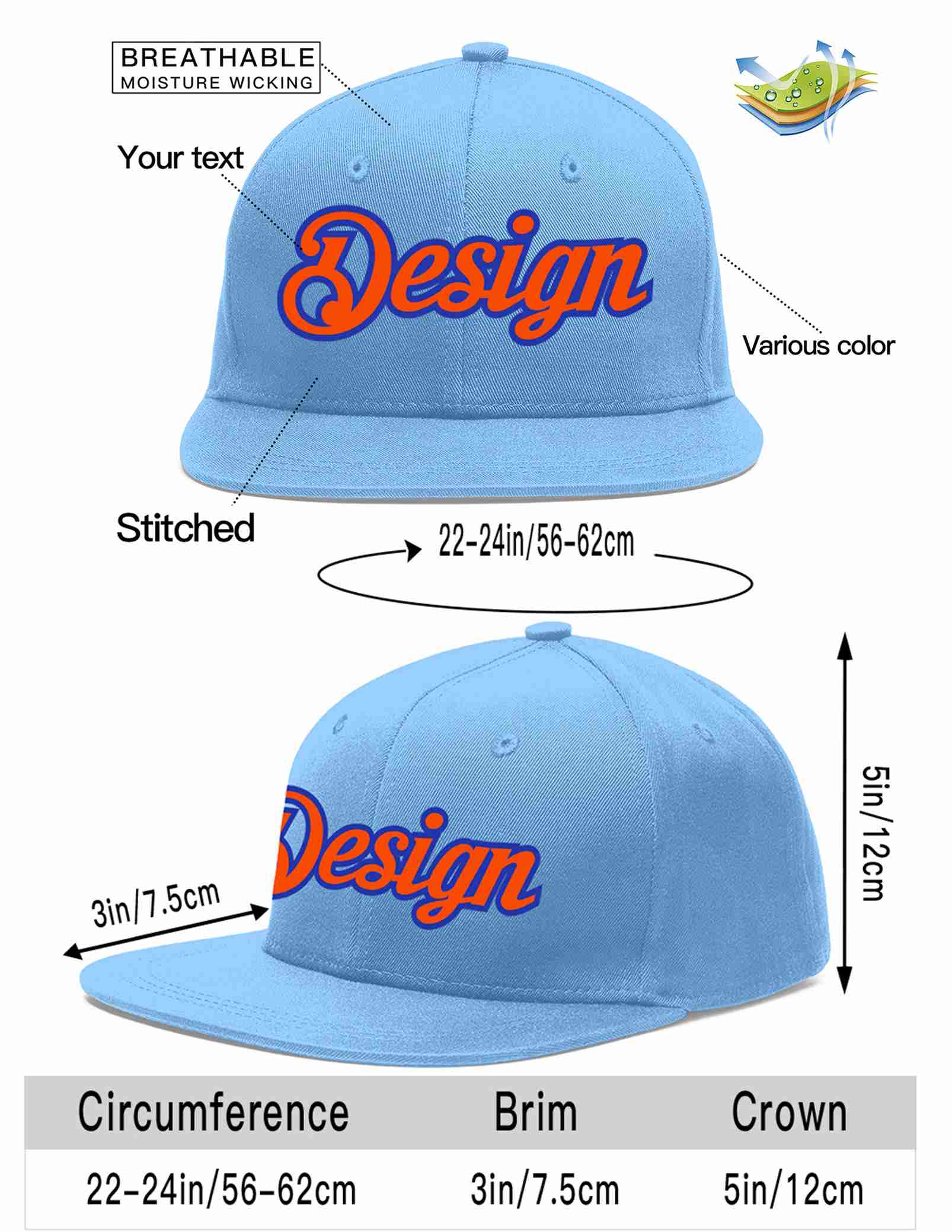 Custom Light Blue Orange-Royal Flat Eaves Sport Baseball Cap Design for Men/Women/Youth