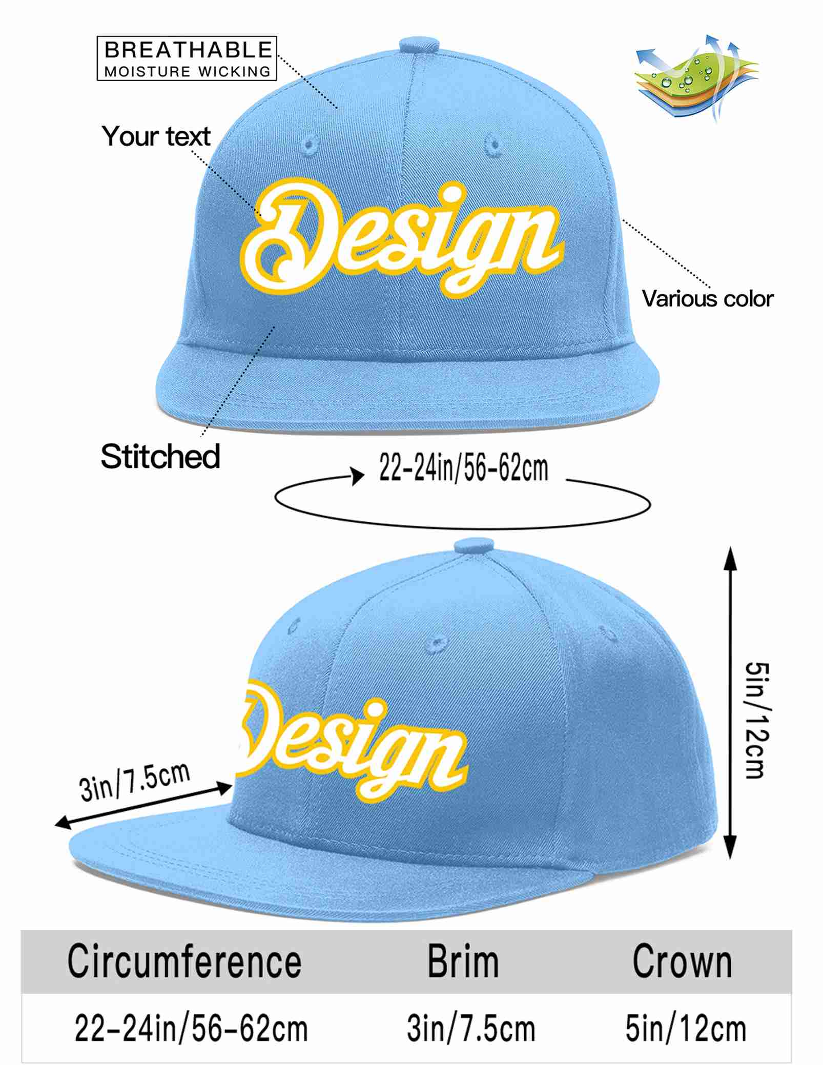 Custom Light Blue White-Gold Flat Eaves Sport Baseball Cap Design for Men/Women/Youth