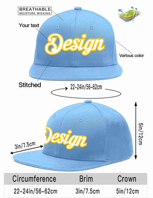 Custom Light Blue White-Gold Flat Eaves Sport Baseball Cap Design for Men/Women/Youth