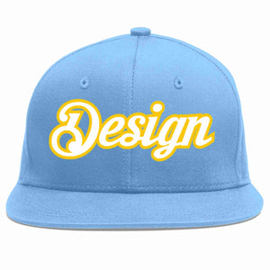 Custom Light Blue White-Gold Flat Eaves Sport Baseball Cap Design for Men/Women/Youth