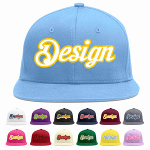 Custom Light Blue White-Gold Flat Eaves Sport Baseball Cap Design for Men/Women/Youth