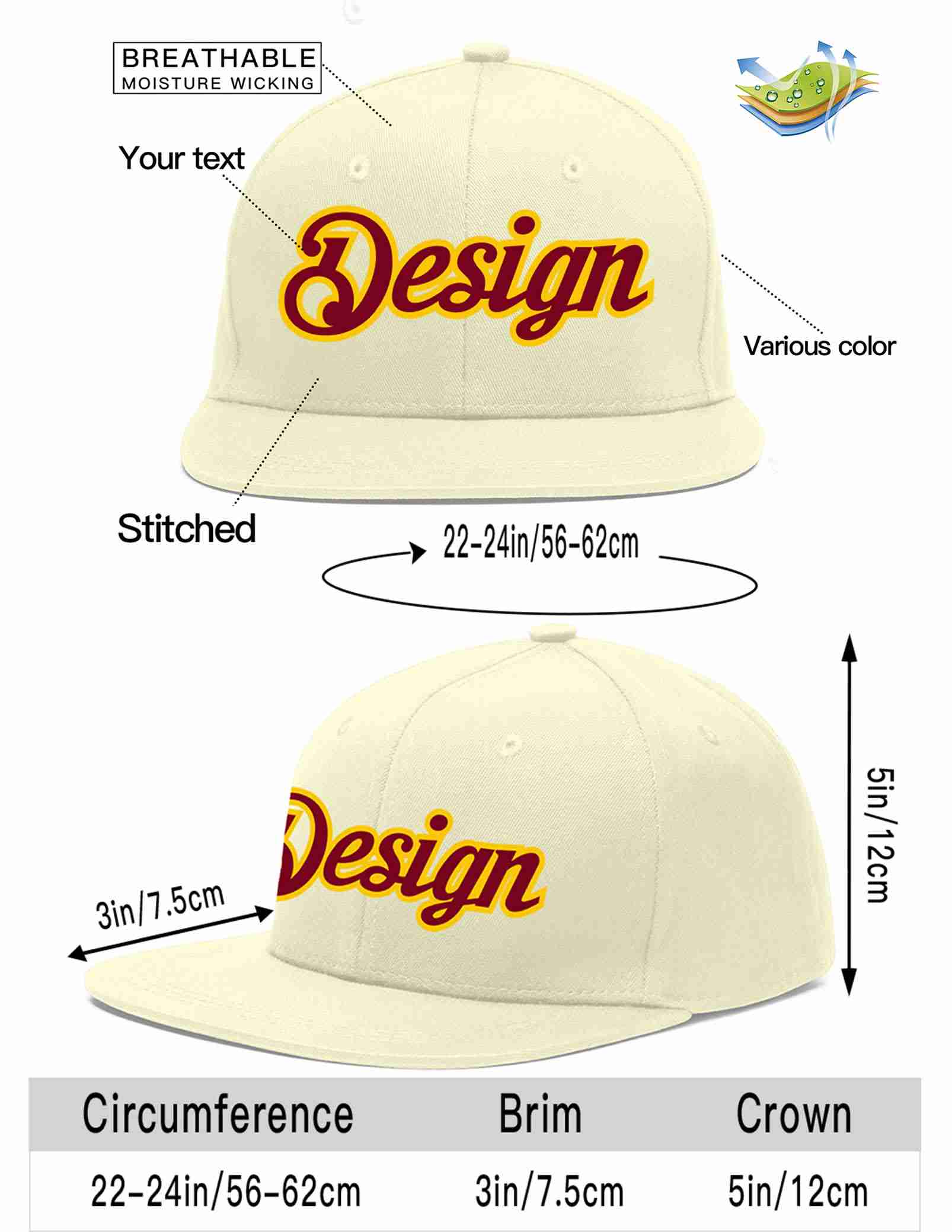 Custom Cream Crimson-Gold Flat Eaves Sport Baseball Cap Design for Men/Women/Youth