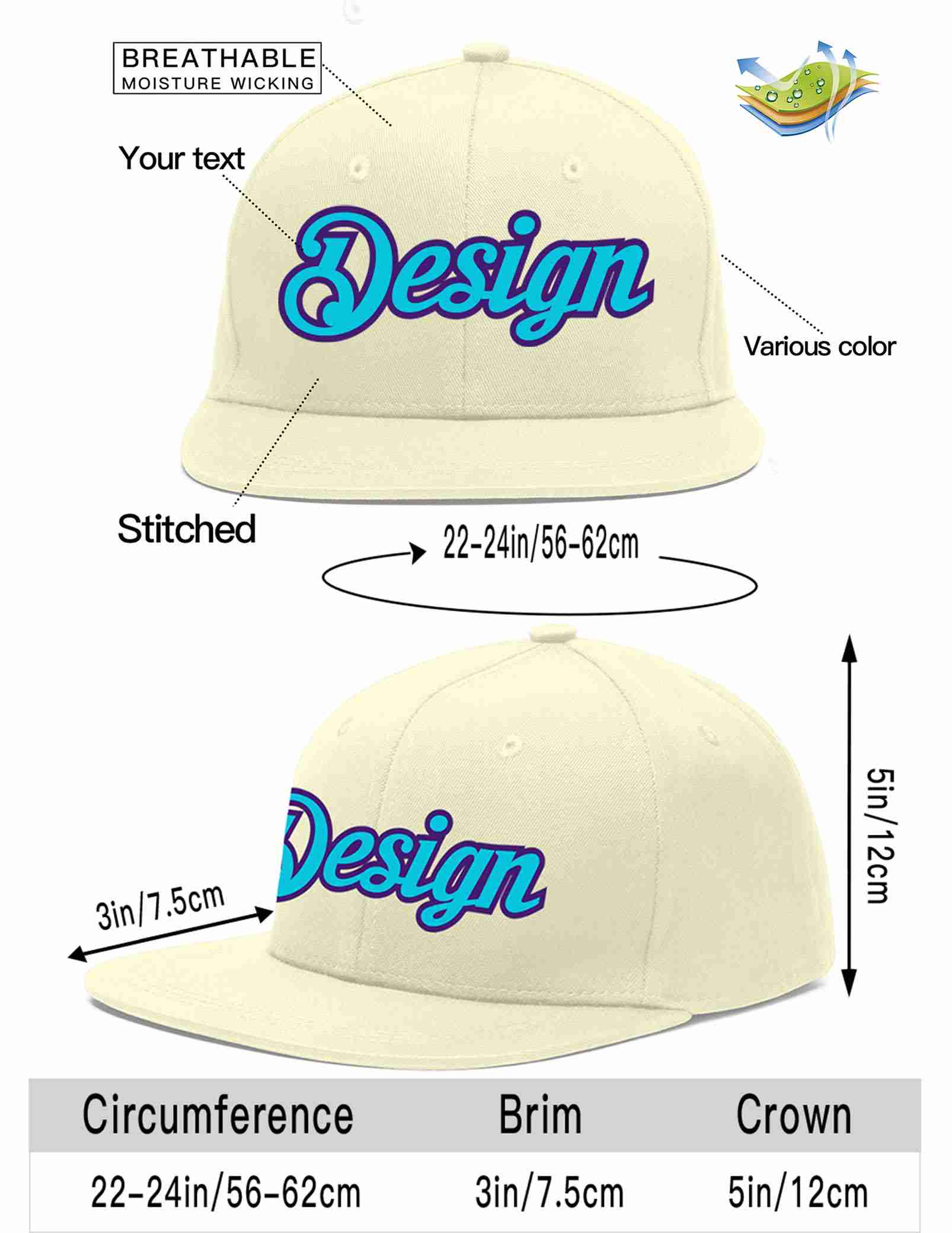 Custom Cream Light Blue-purple Flat Eaves Sport Baseball Cap Design for Men/Women/Youth