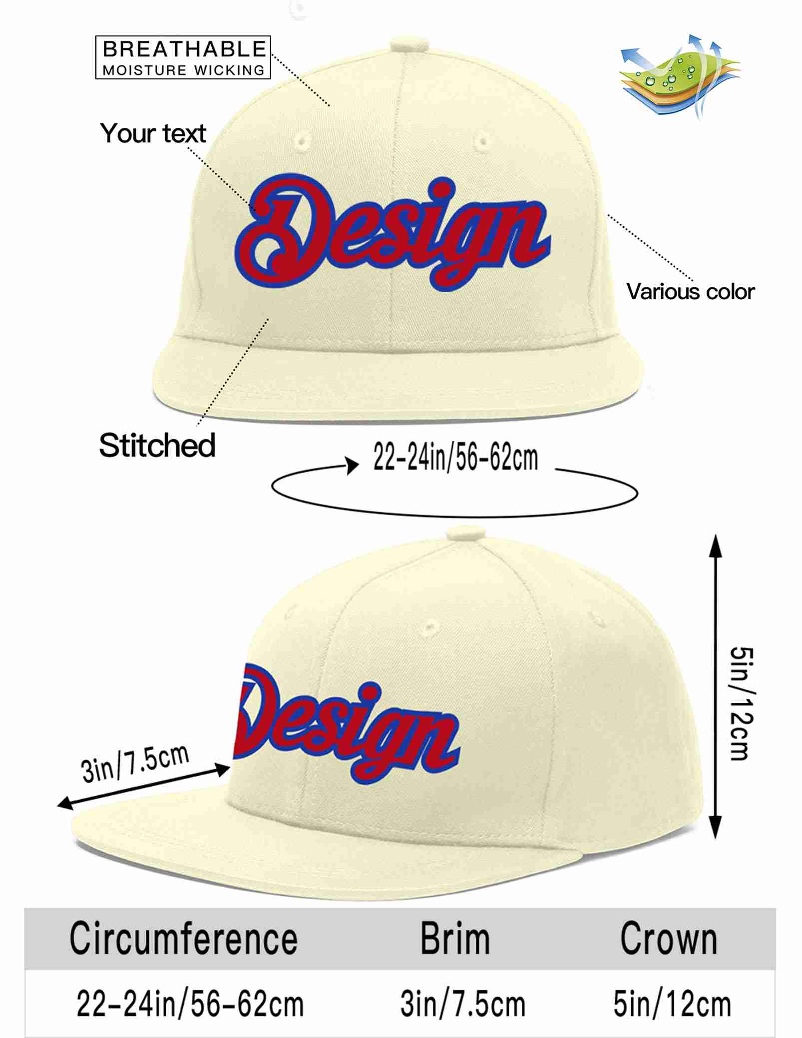 Custom Cream Red-Royal Flat Eaves Sport Baseball Cap Design for Men/Women/Youth