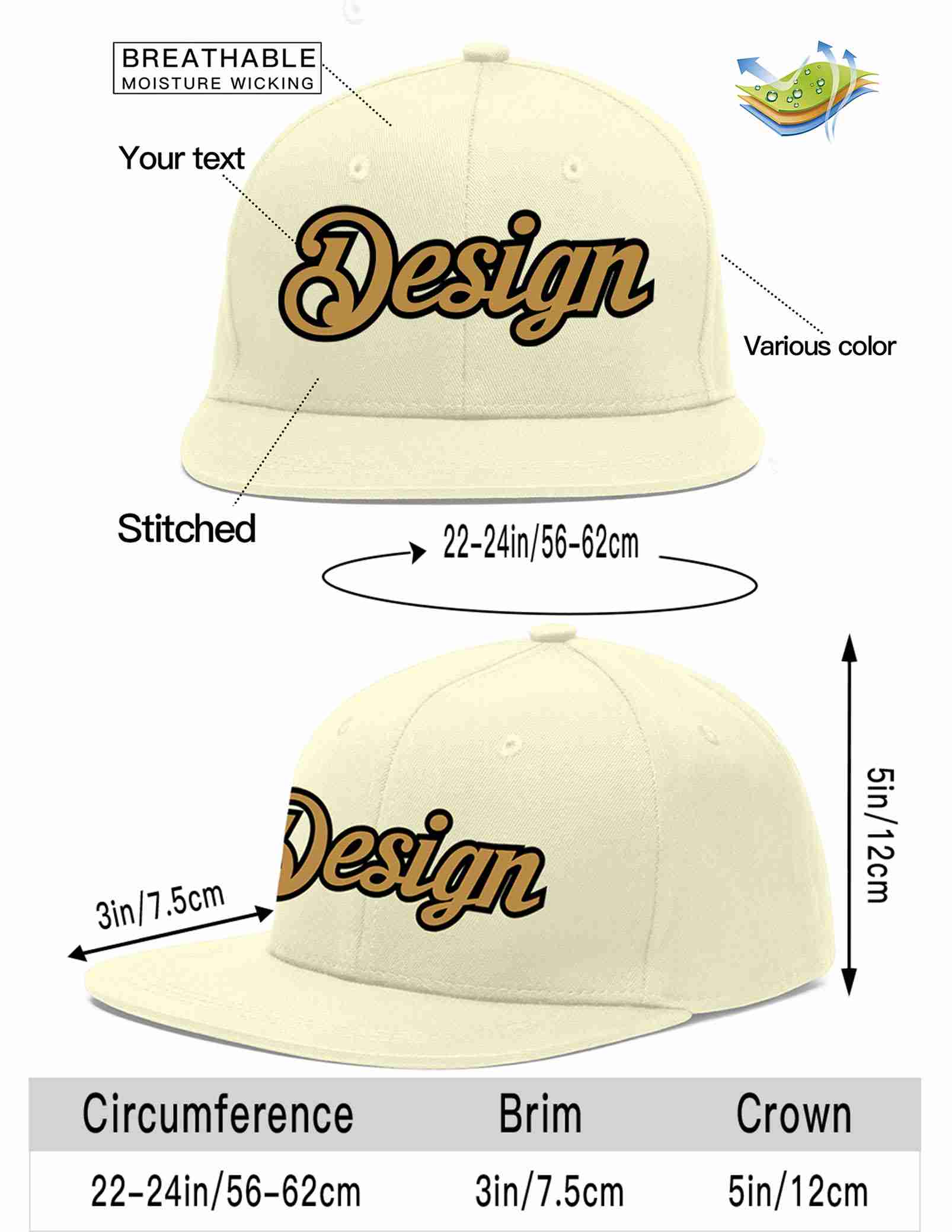 Custom Cream Old Gold-Black Flat Eaves Sport Baseball Cap Design for Men/Women/Youth