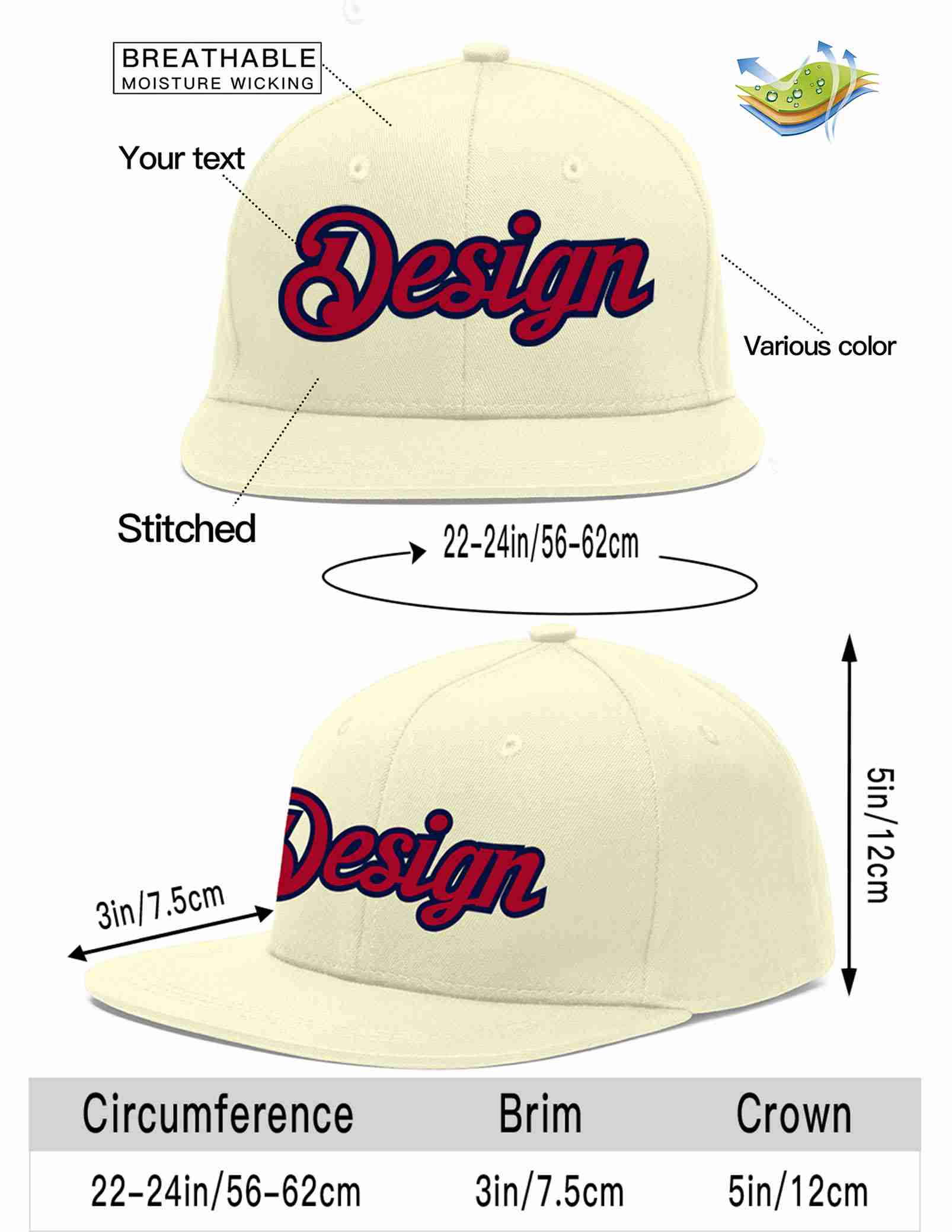 Custom Cream Red-Navy Flat Eaves Sport Baseball Cap Design for Men/Women/Youth