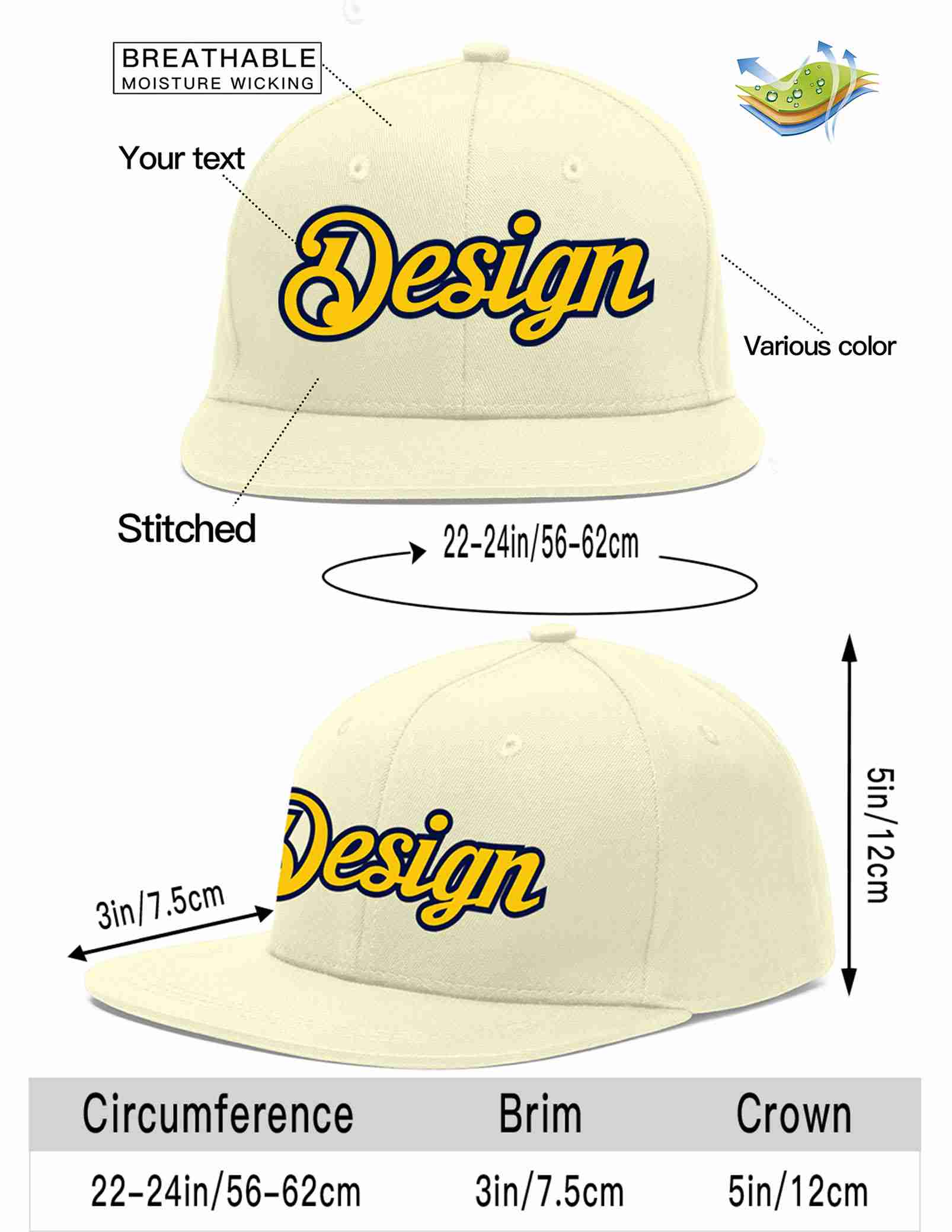 Custom Cream Gold-Navy Flat Eaves Sport Baseball Cap Design for Men/Women/Youth