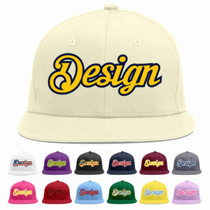 Custom Cream Gold-Navy Flat Eaves Sport Baseball Cap Design for Men/Women/Youth