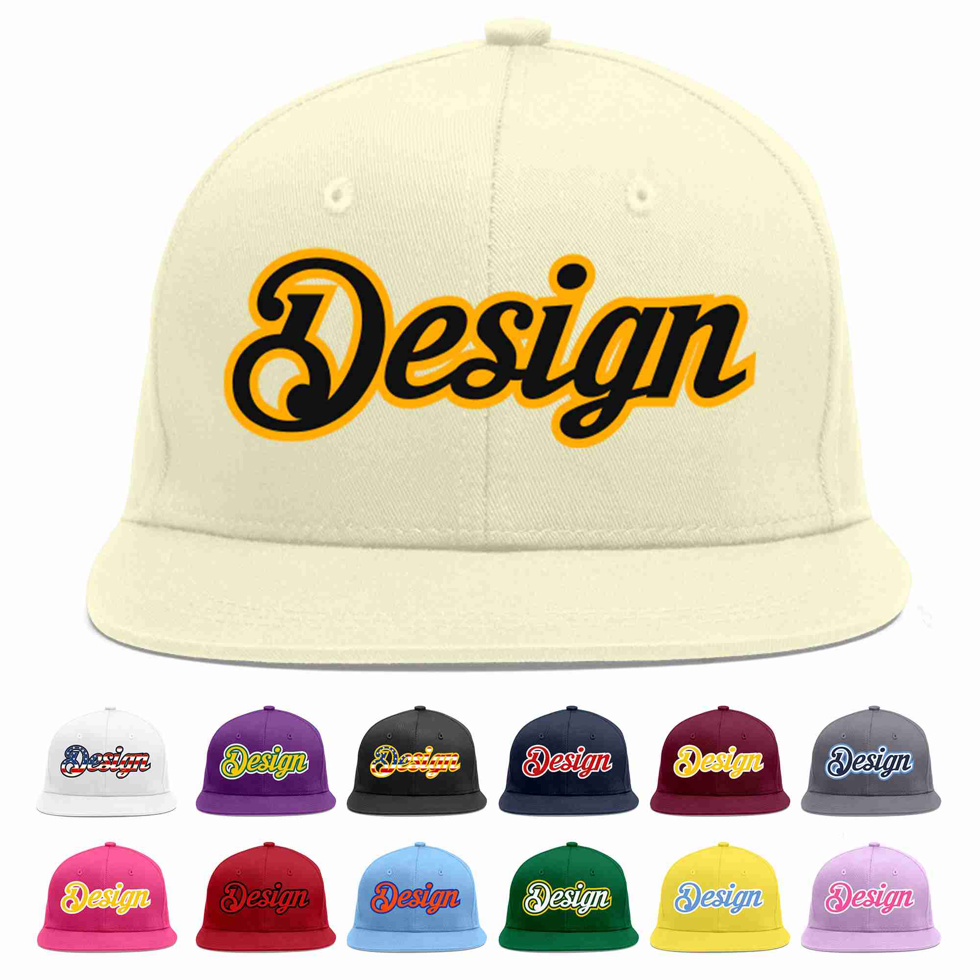 Custom Cream Black-Yellow Flat Eaves Sport Baseball Cap Design for Men/Women/Youth