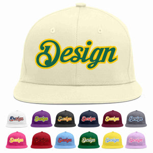 Custom Cream Kelly Green-Gold Flat Eaves Sport Baseball Cap Design for Men/Women/Youth