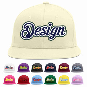 Custom Cream Navy-White Flat Eaves Sport Baseball Cap Design for Men/Women/Youth