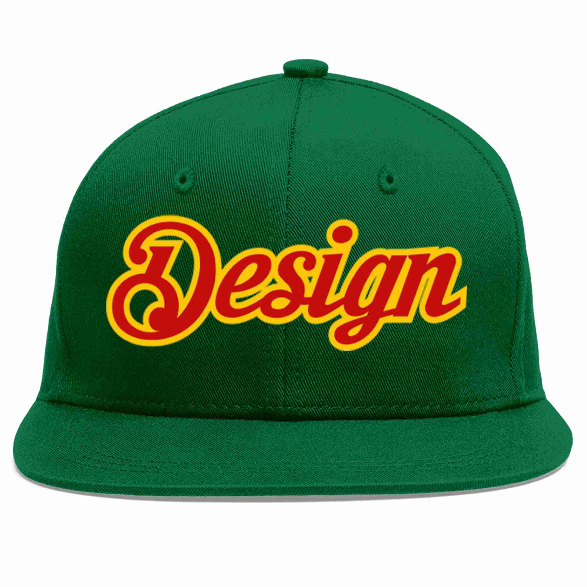 Conception personnalisée de casquette de baseball de sport à avant-toit plat vert rouge-jaune pour hommes/femmes/jeunes