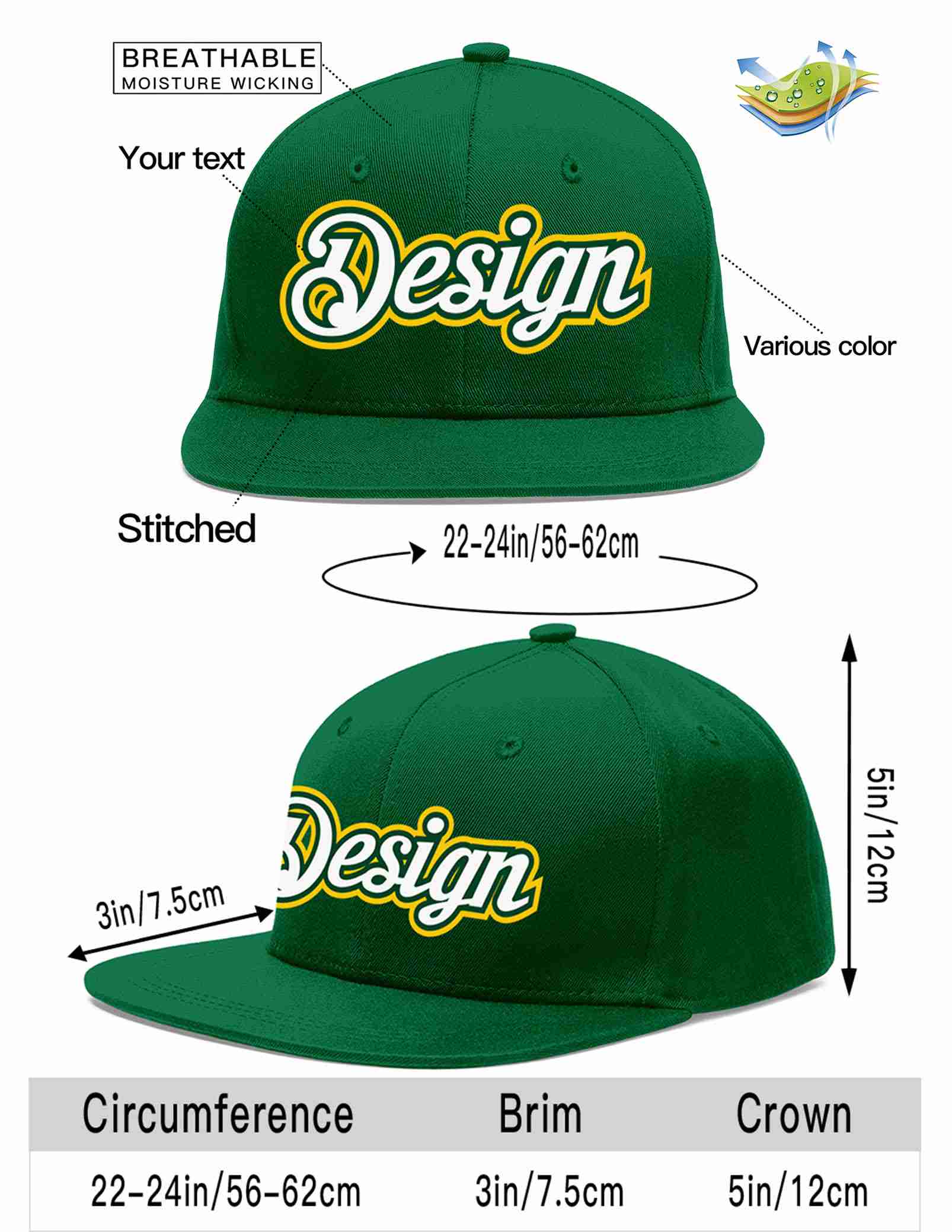 Custom Green White-Kelly Green Flat Eaves Sport Baseball Cap Design for Men/Women/Youth