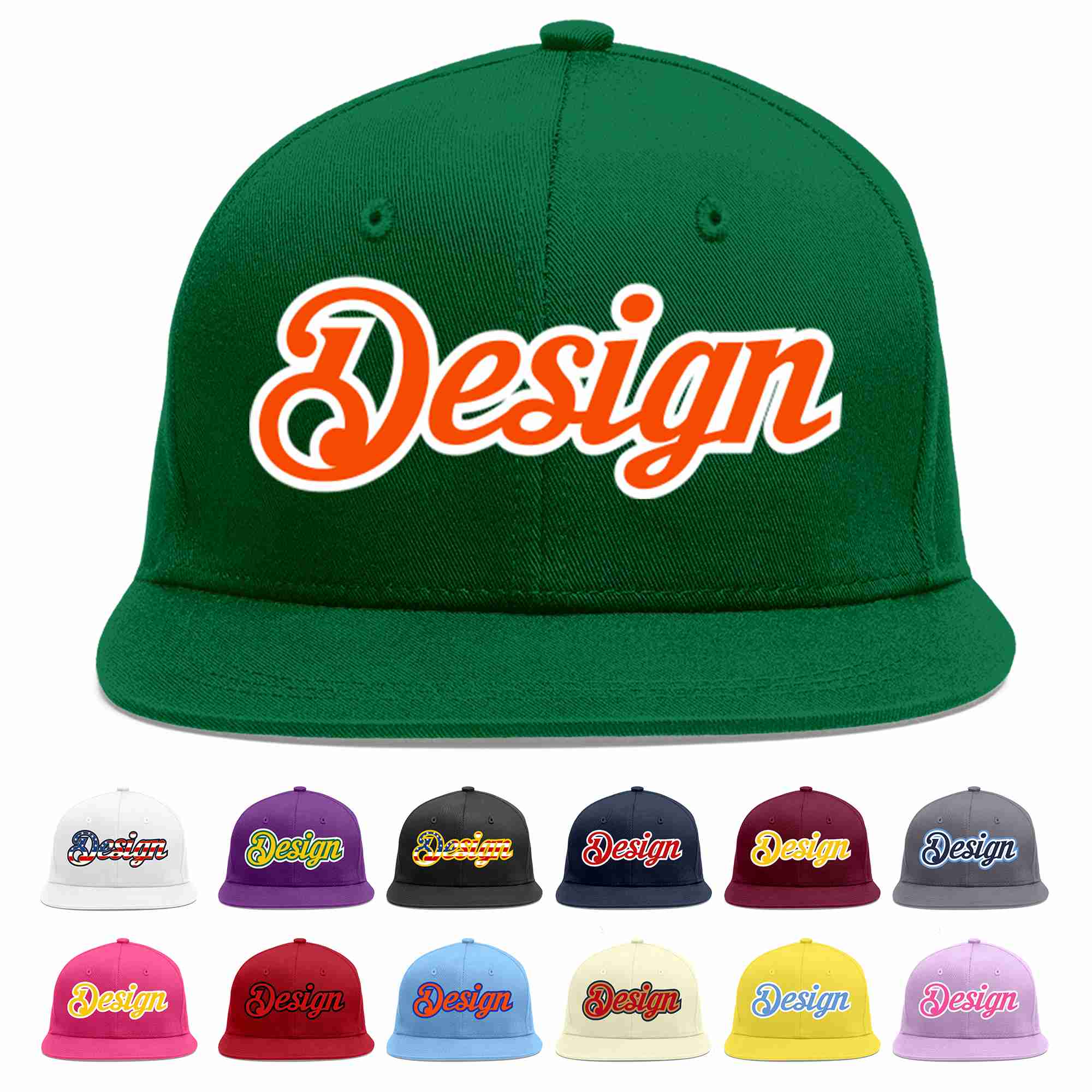 Conception personnalisée de casquette de baseball de sport à avant-toit plat vert orange-blanc pour hommes/femmes/jeunes