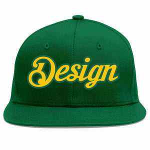 Custom Green Gold-Kelly Green Flat Eaves Sport Baseball Cap Design for Men/Women/Youth