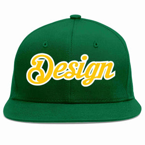 Conception personnalisée de casquette de baseball de sport à avant-toit plat vert or-blanc pour hommes/femmes/jeunes