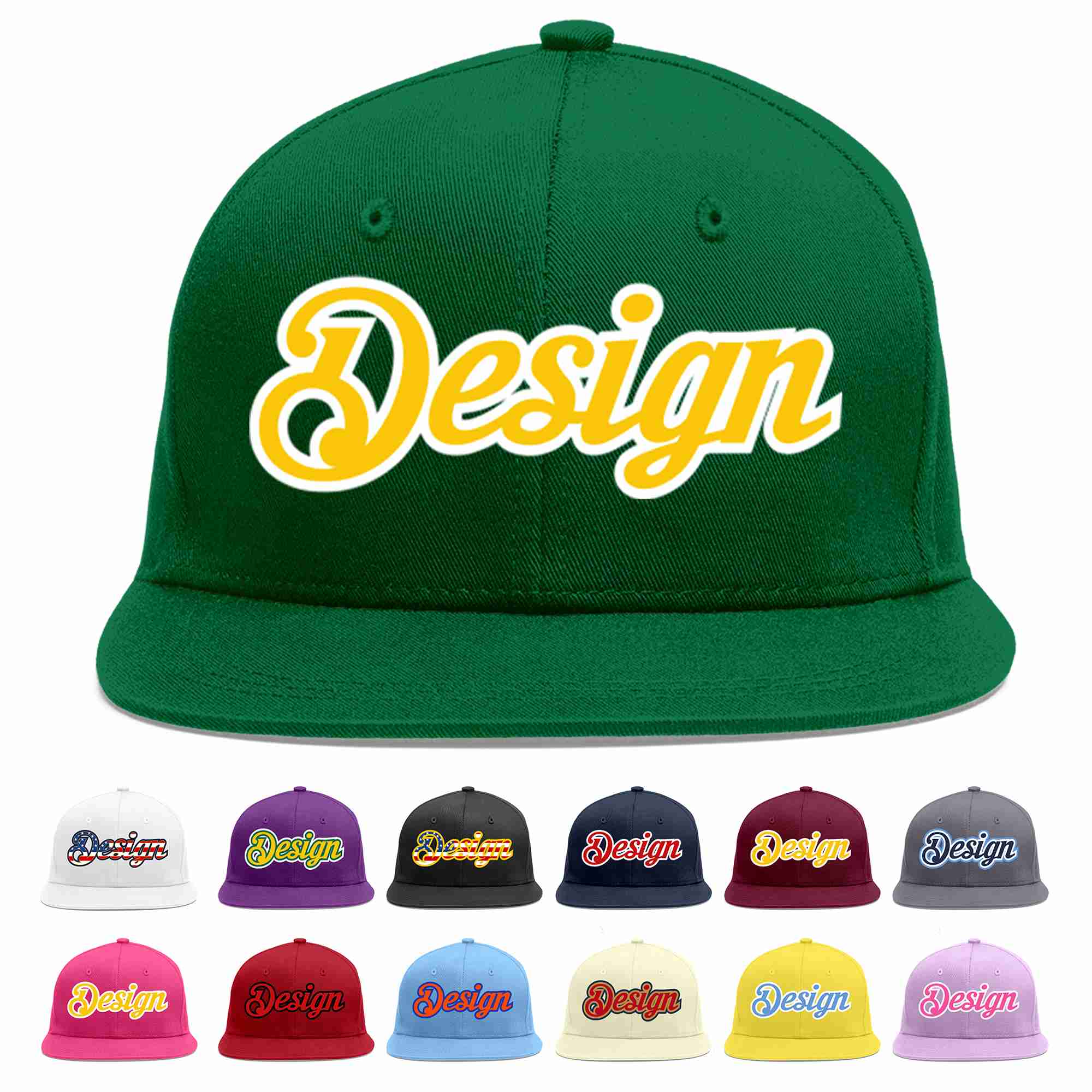 Custom Green Gold-White Flat Eaves Sport Baseball Cap Design for Men/Women/Youth