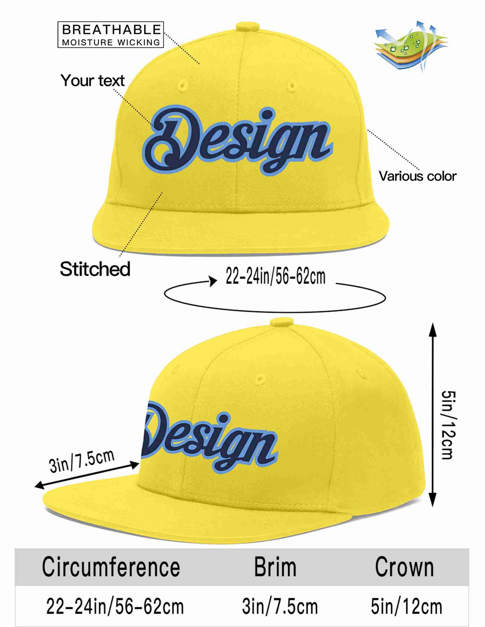 Custom Light Gold Navy-Light Blue Flat Eaves Sport Baseball Cap Design for Men/Women/Youth