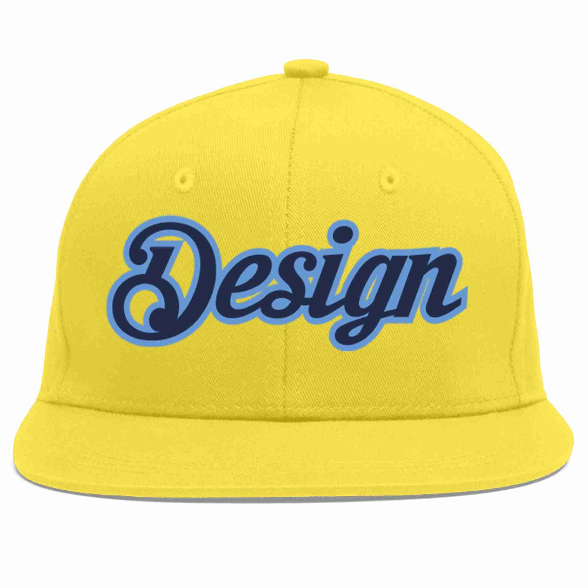 Custom Light Gold Navy-Light Blue Flat Eaves Sport Baseball Cap Design for Men/Women/Youth