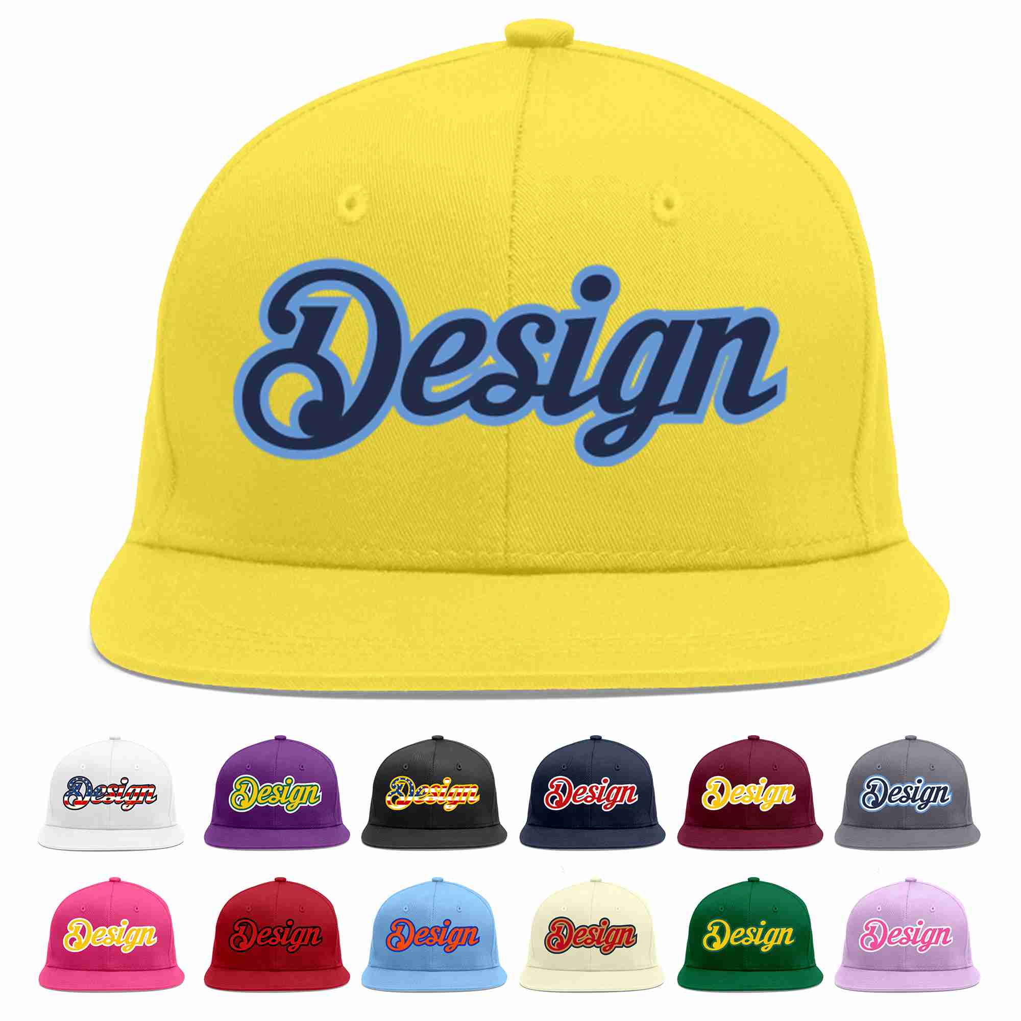 Custom Light Gold Navy-Light Blue Flat Eaves Sport Baseball Cap Design for Men/Women/Youth