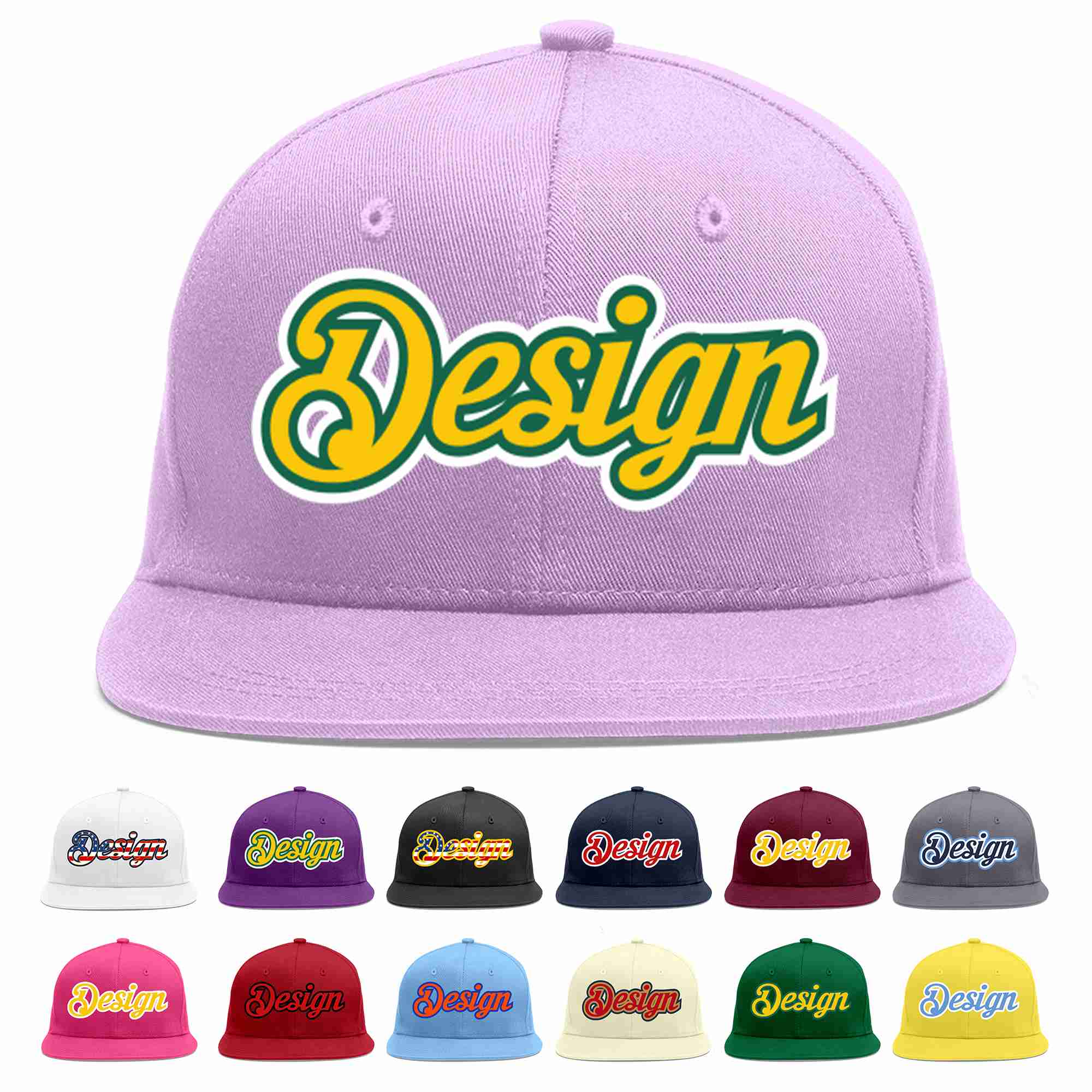 Custom Light Purple Gold-Kelly Green Flat Eaves Sport Baseball Cap Design for Men/Women/Youth