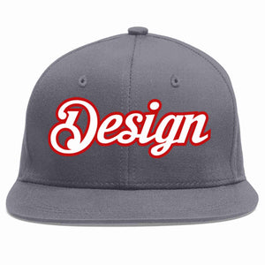 Custom Dark Gray White-Red Flat Eaves Sport Baseball Cap Design for Men/Women/Youth