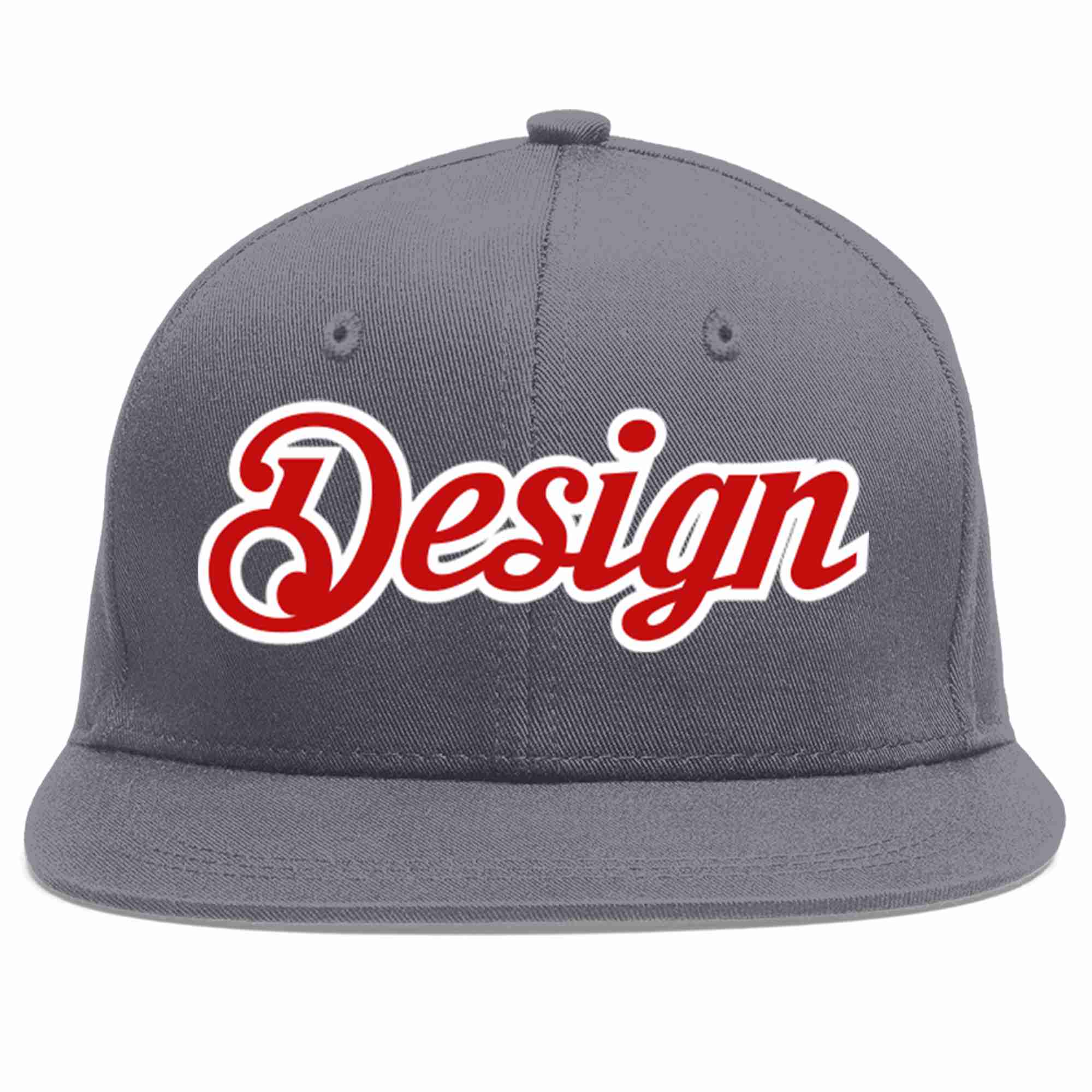 Custom Dark Gray Red-White Flat Eaves Sport Baseball Cap Design for Men/Women/Youth